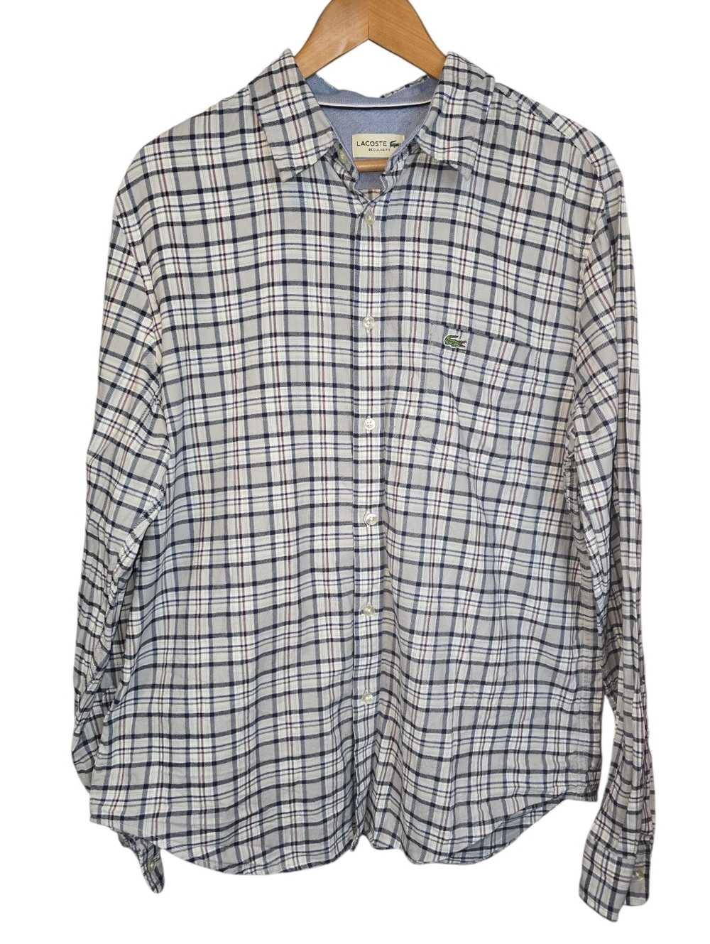 Lacoste 100% Cotton Plaid Button Down Long Sleeve Shirt Men’s Large Regular Fit
